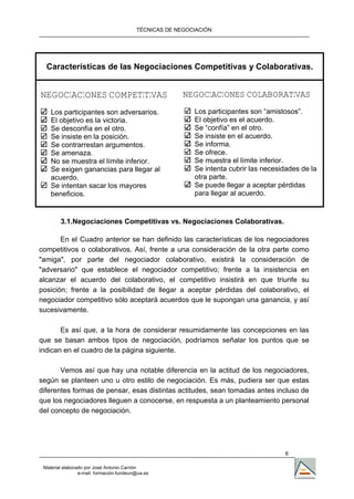 TÉCNICAS DE NEGOCIACIÓN




  Características de las Negociaciones Competitivas y Colaborativas.


NEGOCIACIONES COMPETITIVAS                              NEGOCIACIONES COLABORATIVAS
    Los participantes son adversarios.                     Los participantes son “amistosos”.
    El objetivo es la victoria.                            El objetivo es el acuerdo.
    Se desconfía en el otro.                               Se “confía” en el otro.
    Se insiste en la posición.                             Se insiste en el acuerdo.
    Se contrarrestan argumentos.                           Se informa.
    Se amenaza.                                            Se ofrece.
    No se muestra el límite inferior.                      Se muestra el límite inferior.
    Se exigen ganancias para llegar al                     Se intenta cubrir las necesidades de la
    acuerdo.                                               otra parte.
    Se intentan sacar los mayores                          Se puede llegar a aceptar pérdidas
    beneficios.                                            para llegar al acuerdo.


        3.1.Negociaciones Competitivas vs. Negociaciones Colaborativas.

       En el Cuadro anterior se han definido las características de los negociadores
competitivos o colaborativos. Así, frente a una consideración de la otra parte como
"amiga", por parte del negociador colaborativo, existirá la consideración de
"adversario" que establece el negociador competitivo; frente a la insistencia en
alcanzar el acuerdo del colaborativo, el competitivo insistirá en que triunfe su
posición; frente a la posibilidad de llegar a aceptar pérdidas del colaborativo, el
negociador competitivo sólo aceptará acuerdos que le supongan una ganancia, y así
sucesivamente.

       Es así que, a la hora de considerar resumidamente las concepciones en las
que se basan ambos tipos de negociación, podríamos señalar los puntos que se
indican en el cuadro de la página siguiente.

       Vemos así que hay una notable diferencia en la actitud de los negociadores,
según se planteen uno u otro estilo de negociación. Es más, pudiera ser que estas
diferentes formas de pensar, esas distintas actitudes, sean tomadas antes incluso de
que los negociadores lleguen a conocerse, en respuesta a un planteamiento personal
del concepto de negociación.




                                                                                       6

 Material elaborado por José Antonio Carrión
                 e-mail. formación.fundeun@ua.es
 