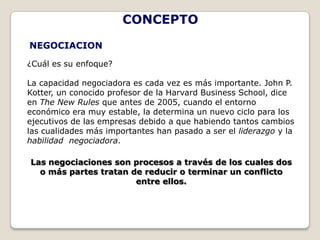 CONCEPTO
NEGOCIACION

¿Cuál es su enfoque?

La capacidad negociadora es cada vez es más importante. John P.
Kotter, un conocido profesor de la Harvard Business School, dice
en The New Rules que antes de 2005, cuando el entorno
económico era muy estable, la determina un nuevo ciclo para los
ejecutivos de las empresas debido a que habiendo tantos cambios
las cualidades más importantes han pasado a ser el liderazgo y la
habilidad negociadora.

Las negociaciones son procesos a través de los cuales dos
  o más partes tratan de reducir o terminar un conflicto
                       entre ellos.
 
