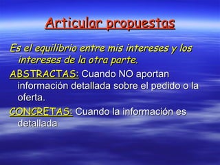 Articular propuestasArticular propuestas
Es el equilibrio entre mis intereses y losEs el equilibrio entre mis intereses y los
intereses de la otra parte.intereses de la otra parte.
ABSTRACTAS:ABSTRACTAS: Cuando NO aportanCuando NO aportan
información detallada sobre el pedido o lainformación detallada sobre el pedido o la
oferta.oferta.
CONCRETAS:CONCRETAS: Cuando la información esCuando la información es
detalladadetallada
 