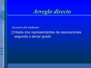 Arreglo directo
Hasta dos representantes de asociaciones
segundo o tercer grado
Asesores del sindicato
 