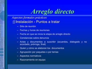 Arreglo directo
Instalación - Puntos a tratar
– Sitio de reunión
– Fechas y horas de reuniones
– Fecha en que se inicia la etapa de arreglo directo
– Constancias sobre denuncia
– Actas y documentos a suscribir (acuerdos, dialogado y no
acordado, prórroga, final)
– Quien y cómo se elaboran los documentos
– Agrupación por paquetes o por temas
– Aspectos normativos
– Razonamiento en equipo
Aspectos formales prácticos
 