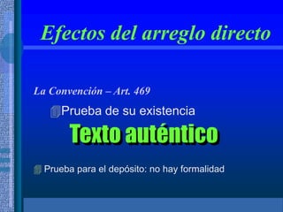 Efectos del arreglo directo
La Convención – Art. 469
Prueba de su existencia
Texto auténtico
 Prueba para el depósito: no hay formalidad
 