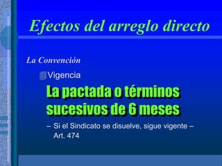 Efectos del arreglo directo
La Convención
Vigencia
La pactada o términos
sucesivos de 6 meses
– Si el Sindicato se disuelve, sigue vigente –
Art. 474
 