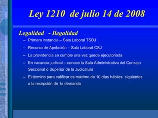 Ley 1210 de julio 14 de 2008
Legalidad - Ilegalidad
– Primera instancia – Sala Laboral TSDJ
– Recurso de Apelación – Sala Laboral CSJ
– La providencia se cumple una vez quede ejecutoriada
– En vacancia judicial – conoce la Sala Administrativa del Consejo
Seccional o Superior de la Judicatura
– El término para calificar es máximo de 10 días hábiles siguientes
a la recepción de la demanda
 