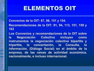 ELEMENTOS OIT
Convenios de la OIT: 87, 98, 151 y 154.
Recomendaciones de la OIT: 91, 94, 113, 151, 159 y
163
Los Convenios y recomendaciones de la OIT sobre
la Negociación Colectiva incluyen como
instrumentos la negociación colectiva bipartita y
tripartita, la concertación, la Consulta, la
información, (Diálogo Social) en el ámbito de la
empresa, de las ramas de actividad económica,
nacionalmente, e incluso internacional.
 