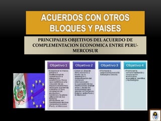 PRINCIPALES OBJETIVOS DEL ACUERDO DE
COMPLEMENTACION ECONOMICA ENTRE PERU-
MERCOSUR
ACUERDOS CON OTROS
BLOQUES Y PAISES
 