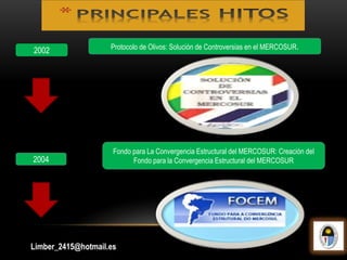 2002 Protocolo de Olivos: Solución de Controversias en el MERCOSUR.
2004
Fondo para La Convergencia Estructural del MERCOSUR: Creación del
Fondo para la Convergencia Estructural del MERCOSUR
Limber_2415@hotmail.es
 