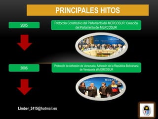 2005
Protocolo Constitutivo del Parlamento del MERCOSUR: Creación
del Parlamento del MERCOSUR
2006
Protocolo de Adhesión de Venezuela: Adhesión de la República Bolivariana
de Venezuela al MERCOSUR
PRINCIPALES HITOS
Limber_2415@hotmail.es
 