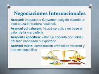 Negociaciones Internacionales
Arancel: Impuesto o Gravamen exigido cuando un
bien cruza la frontera nacional.
Arancel ad valorem: % que se aplica en base al
valor de la mercadería.
Arancel especifico: valor fijo cobrado por unidad
del bien importado o exportado.
Arancel mixto: combinación arancel ad valorem y
arancel especifico
 