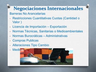 Negociaciones Internacionales
Barreras No Arancelarias
- Restricciones Cuantitativas Cuotas (Cantidad o
Valor )
- Licencia de Importación – Exportación
- Normas Técnicas, Sanitarias o Medioambientales
- Normas Burocráticas – Administrativas
- Compras Publicas
- Alteraciones Tipo Cambio
- Medidas Administrativas Financieras
 