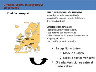 Modelo europeo
• En equilibrio entre:
– 1. Modelo asiático
– 2. Modelo norteamericano
• Grandes variaciones entre el
norte y el sur.
ESTILO DE NEGOCIACIÓN EUROPEO
Imposible establecer un estilo de
negociación europeo propio debido a la
diversidad cultural.
Características generales:
- Son puntuales y responsables
- Los detalles son importantes
- Cree habitar en un mundo dividido entre
amigos y extraños
- La relación profesional es fría
Diversos estilos de negociaciónDiversos estilos de negociación
en el mundoen el mundo
 