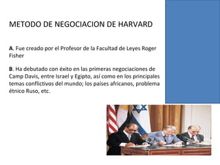 METODO DE NEGOCIACION DE HARVARD
A. Fue creado por el Profesor de la Facultad de Leyes Roger
Fisher
B. Ha debutado con éxito en las primeras negociaciones de
Camp Davis, entre Israel y Egipto, así como en los principales
temas conflictivos del mundo; los países africanos, problema
étnico Ruso, etc.
 