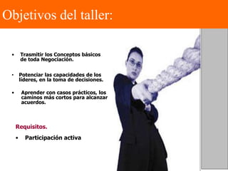 • Trasmitir los Conceptos básicos
de toda Negociación.
Objetivos del taller:
• Potenciar las capacidades de los
líderes, en la toma de decisiones.
• Aprender con casos prácticos, los
caminos más cortos para alcanzar
acuerdos.
Requisitos.
• Participación activa
 