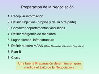 Preparación de la Negociación
1. Recopilar información
2. Definir Objetivos (propios y de la otra parte)
3. Contactar departamentos vinculados
4. Definir márgenes de maniobra
5. Lugar, tiempo, infraestructura
6. Definir nuestro MAAN (Mejor Alternativa al Acuerdo Negociado)
7. Plan B
8. Cierre
Una buena Preparación determina en gran
medida el éxito de la Negociación.
 