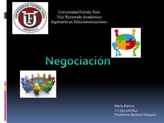 Universidad Fermín Toro
   Vice Rectorado Académico
Ingeniería en Telecomunicaciones




                                   Merly Ramos
                                   C.I:193.106.841
                                   Profesora: Barbará Vásquez
 