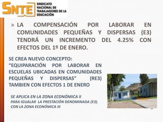 » LA   COMPENSACIÓN       POR LABORAR EN
  COMUNIDADES PEQUEÑAS Y DISPERSAS (E3)
  TENDRÁ UN INCREMENTO DEL 4.25% CON
  EFECTOS DEL 1º DE ENERO.
SE CREA NUEVO CONCEPTO:
“EQUIPARACIÓN POR LABORAR EN
ESCUELAS UBICADAS EN COMUNIDADES
PEQUEÑAS Y DISPERSAS”          (RE3)
TAMBIEN CON EFECTOS 1 DE ENERO

SE APLICA EN LA ZONA ECONÓMICA II
PARA IGUALAR LA PRESTACIÓN DENOMINADA (E3).
CON LA ZONA ECONÓMICA III
 