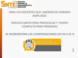 PARA LOS DOCENTES QUE LABORAN EN HORARIO
                 AMPLIADO:

   SERVICIO MIXTO PARA PREESCOLAR Y TIEMPO
           COMPLETO PARA PRIMARIAS

SE INCREMENTAN LAS COMPENSACIONES EN UN 4.25 %
 