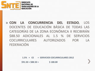 » CON LA CONCURRENCIA DEL ESTADO, LOS
  DOCENTES DE EDUCACIÓN BÁSICA DE TODAS LAS
  CATEGORÍAS DE LA ZONA ECONÓMICA II RECIBIRÁN
  $88.50 ADICIONALES AL 1.5 % DE SERVICIOS
  COCURRICULARES     AUTORIZADOS    POR     LA
  FEDERACIÓN


         1.5% + CE     = SERVICIOS COCURRICULARES 2012
        $91.50 + $88.50 =       $ 180.00
 
