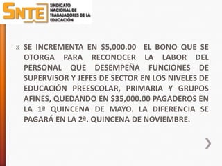 » SE INCREMENTA EN $5,000.00 EL BONO QUE SE
  OTORGA PARA RECONOCER LA LABOR DEL
  PERSONAL QUE DESEMPEÑA FUNCIONES DE
  SUPERVISOR Y JEFES DE SECTOR EN LOS NIVELES DE
  EDUCACIÓN PREESCOLAR, PRIMARIA Y GRUPOS
  AFINES, QUEDANDO EN $35,000.00 PAGADEROS EN
  LA 1ª QUINCENA DE MAYO. LA DIFERENCIA SE
  PAGARÁ EN LA 2ª. QUINCENA DE NOVIEMBRE.
 