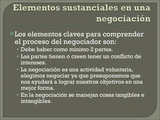 Los elementos claves para comprender el proceso del negociador son: Debe haber como mínimo 2 partes. Las partes tienen o creen tener un conflicto de intereses. La negociación es una actividad voluntaria, elegimos negociar ya que presuponemos que nos ayudará a lograr nuestros objetivos en una mejor forma. En la negociación se manejan cosas tangibles e intangibles. 