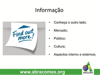 Informação 
•Conheça o outro lado; 
•Mercado; 
•Público; 
•Cultura; 
•Aspectos interno e externos;  