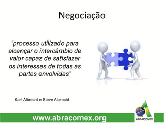 Negociação 
Karl Albrecht e Steve Albrecht 
“processo utilizado para alcançar o intercâmbio de valor capaz de satisfazer os interesses de todas as partes envolvidas”  