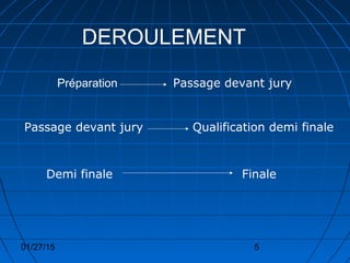 01/27/15 5
DEROULEMENT
Préparation Passage devant jury
Passage devant jury Qualification demi finale
Demi finale Finale
 