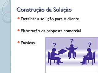 Construção da SoluçãoConstrução da Solução
Detalhar a solução para o cliente
Elaboração da proposta comercial
Dúvidas
 