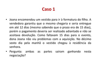 Caso 1
• Joana encomendou um vestido para ir à formatura do filho. A
vendedora garantiu que o mesmo chegaria e seria entregue
em até 12 dias (mesmo sabendo que o prazo era de 15 dias),
porém o pagamento deveria ser realizado adiantado e não se
aceitava devolução. Como faltavam 15 dias para o evento,
dona Joana não viu problemas com a aquisição. No décimo
sexto dia pela manhã o vestido chegou à residência da
senhora.
• Pergunta: ambas as partes saíram ganhando nesta
negociação?
 
