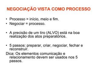 NEGOCIAÇÃO VISTA COMO PROCESSO
• Processo = início, meio e fim.
• Negociar = processo.
• A precisão de um tiro (ALVO) está na boa
realização dos atos preparatórios.
• 5 passos: preparar, criar, negociar, fechar e
reconstruir.
Dica: Os elementos comunicação e
relacionamento devem ser usados nos 5
passos.
 