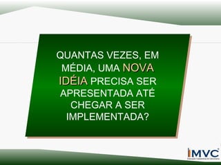 QUANTAS VEZES, EM
QUANTAS VEZES, EM
MÉDIA, UMA NOVA
MÉDIA, UMA NOVA
IDÉIA PRECISA SER
IDÉIA PRECISA SER
APRESENTADA ATÉ
APRESENTADA ATÉ
CHEGAR A SER
CHEGAR A SER
IMPLEMENTADA?
IMPLEMENTADA?

 