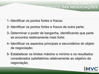 PLANEJAMENTO
ESTRATÉGICO DAS NEGOCIAÇÕES

1- Identificar os pontos fortes e fracos;
2- Identificar os pontos fortes e fracos da outra parte;
3- Determinar o poder de barganha, identificando que parte
se encontra relativamente mais forte;
4- Identificar os aspectos principais e secundários do objeto
de negociação;
5- Estabelecer os limites máximo e mínimo e os resultados
considerados satisfatórios relativamente ao objetivo da
negociação;

 
