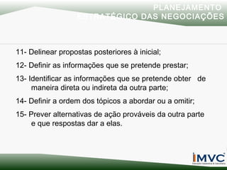 PLANEJAMENTO
ESTRATÉGICO DAS NEGOCIAÇÕES

11- Delinear propostas posteriores à inicial;
12- Definir as informações que se pretende prestar;
13- Identificar as informações que se pretende obter de
maneira direta ou indireta da outra parte;
14- Definir a ordem dos tópicos a abordar ou a omitir;
15- Prever alternativas de ação prováveis da outra parte
e que respostas dar a elas.

 