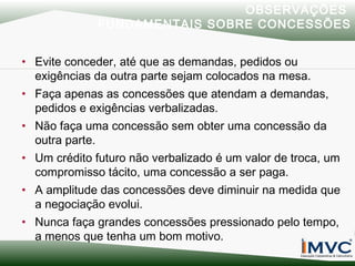 OBSERVAÇÕES
FUNDAMENTAIS SOBRE CONCESSÕES
• Evite conceder, até que as demandas, pedidos ou
exigências da outra parte sejam colocados na mesa.
• Faça apenas as concessões que atendam a demandas,
pedidos e exigências verbalizadas.
• Não faça uma concessão sem obter uma concessão da
outra parte.
• Um crédito futuro não verbalizado é um valor de troca, um
compromisso tácito, uma concessão a ser paga.
• A amplitude das concessões deve diminuir na medida que
a negociação evolui.
• Nunca faça grandes concessões pressionado pelo tempo,
a menos que tenha um bom motivo.

 