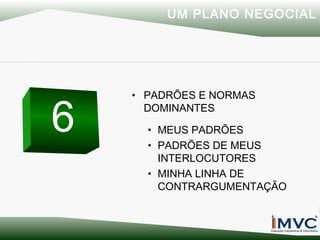 UM PLANO NEGOCIAL

6

• PADRÕES E NORMAS
DOMINANTES
• MEUS PADRÕES
• PADRÕES DE MEUS
INTERLOCUTORES
• MINHA LINHA DE
CONTRARGUMENTAÇÃO

 