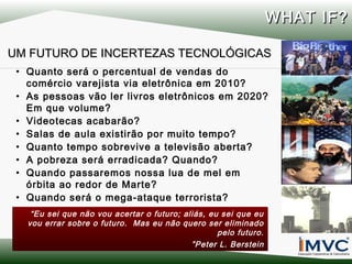 WHAT IF?
UM FUTURO DE INCERTEZAS TECNOLÓGICAS
• Quanto será o percentual de vendas do
comércio varejista via eletrônica em 2010?
• As pessoas vão ler livros eletrônicos em 2020?
Em que volume?
• Videotecas acabarão?
• Salas de aula existirão por muito tempo?
• Quanto tempo sobrevive a televisão aberta?
• A pobreza será erradicada? Quando?
• Quando passaremos nossa lua de mel em
órbita ao redor de Marte?
• Quando será o mega-ataque terrorista?
“Eu sei que não vou acertar o futuro; aliás, eu sei que eu
vou errar sobre o futuro. Mas eu não quero ser eliminado
pelo futuro.
”Peter L. Berstein

 