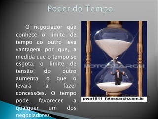 O negociador que conhece o limite de tempo do outro leva vantagem por que, a medida que o tempo se esgota, o limite de tensão do outro aumenta, o que o levará a fazer concessões. O tempo pode favorecer a qualquer um dos negociadores.  