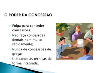 Folga para conceder concessões; Não faça concessões demais nem muito rapidamente; Nunca dê concessões de graça; Utilizando as técnicas de forma integrada; O PODER DA CONCESSÃO 