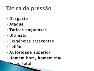 Desgaste Ataque Táticas enganosas Ultimato Exigências crescentes Leilão Autoridade superior Homem bom, homem mau Prazo fatal 