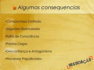 Algumas consequencias

•Compromisso Limitado

•Jogadas Dissimuladas

•Falta de Consciência

•Pontos Cegos

•Desconfiança e Antagonismo

•Processos Prejudicados
 