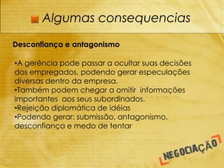 Algumas consequencias

Desconfiança e antagonismo

•A gerência pode passar a ocultar suas decisões
dos empregados, podendo gerar especulações
diversas dentro da empresa.
•Também podem chegar a omitir informações
importantes aos seus subordinados.
•Rejeição diplomática de idéias
•Podendo gerar: submissão, antagonismo,
desconfiança e medo de tentar
 