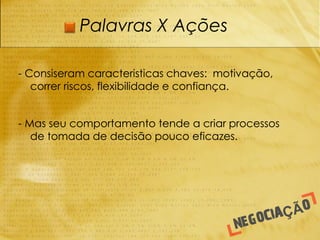 Palavras X Ações

- Consiseram caracteristicas chaves: motivação,
   correr riscos, flexibilidade e confiança.


- Mas seu comportamento tende a criar processos
   de tomada de decisão pouco eficazes.
 