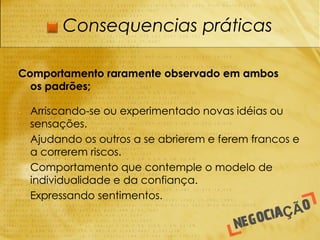 Consequencias práticas

Comportamento raramente observado em ambos
  os padrões;

-   Arriscando-se ou experimentado novas idéias ou
    sensações.
-   Ajudando os outros a se abrierem e ferem francos e
    a correrem riscos.
-   Comportamento que contemple o modelo de
    individualidade e da confiança.
-   Expressando sentimentos.
 