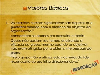 Valores Básicos

1. “As relações humnas significativas são aquelas que
    guardam relação com o alcance do objetivo da
    organização.”
-   concentram-se apenas em executar a tarefa.
-   Quase não gastam seu tempo analisando a
    eficácia do grupo, mesmo quando os objetivos
    não eram atingidos por problems interpessoais do
    grupo.
-   “ se o grupo não é eficaz, está nas mãos do líder
    reconcuzi-lo ao seu trilho direcionando-o.”
 