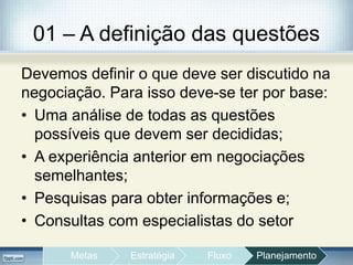 01 – A definição das questões
Devemos definir o que deve ser discutido na
negociação. Para isso deve-se ter por base:
• Uma análise de todas as questões
possíveis que devem ser decididas;
• A experiência anterior em negociações
semelhantes;
• Pesquisas para obter informações e;
• Consultas com especialistas do setor
Metas Estratégia Fluxo Planejamento
 