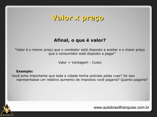 Valor x preçoValor x preço
Afinal, o que é valor?
“Valor é o menor preço que o vendedor está disposto a aceitar e o maior preço
que o consumidor está disposto a pagar”
Valor = Vantagem - Custo
Exemplo:
Você acha importante que toda a cidade tenha policiais pelas ruas? Se isso
representasse um relativo aumento de impostos você pagaria? Quanto pagaria?
www.autobrasilfranquias.com.br
 