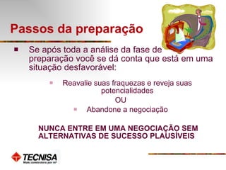 Passos da preparação Se após toda a análise da fase de  preparação você se dá conta que está em uma situação desfavorável: Reavalie suas fraquezas e reveja suas potencialidades OU Abandone a negociação NUNCA ENTRE EM UMA NEGOCIAÇÃO SEM ALTERNATIVAS DE SUCESSO PLAUSÍVEIS 