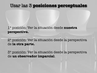 Usar las 3 posiciones perceptuales
1ª posición: Ver la situación desde nuestra
perspectiva.
2ª posición: Ver la situación desde la perspectiva
de la otra parte.
3ª posición: Ver la situación desde la perspectiva
de un observador imparcial.
 