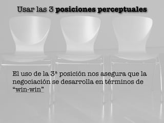 El uso de la 3ª posición nos asegura que la
negociación se desarrolla en términos de
“win-win”
Usar las 3 posiciones perceptuales
 