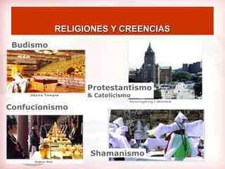 RELIGIONES Y CREENCIAS
 Budismo




                 Protestantismo
                 & Catolicismo

Confucionismo




                 Shamanismo
 